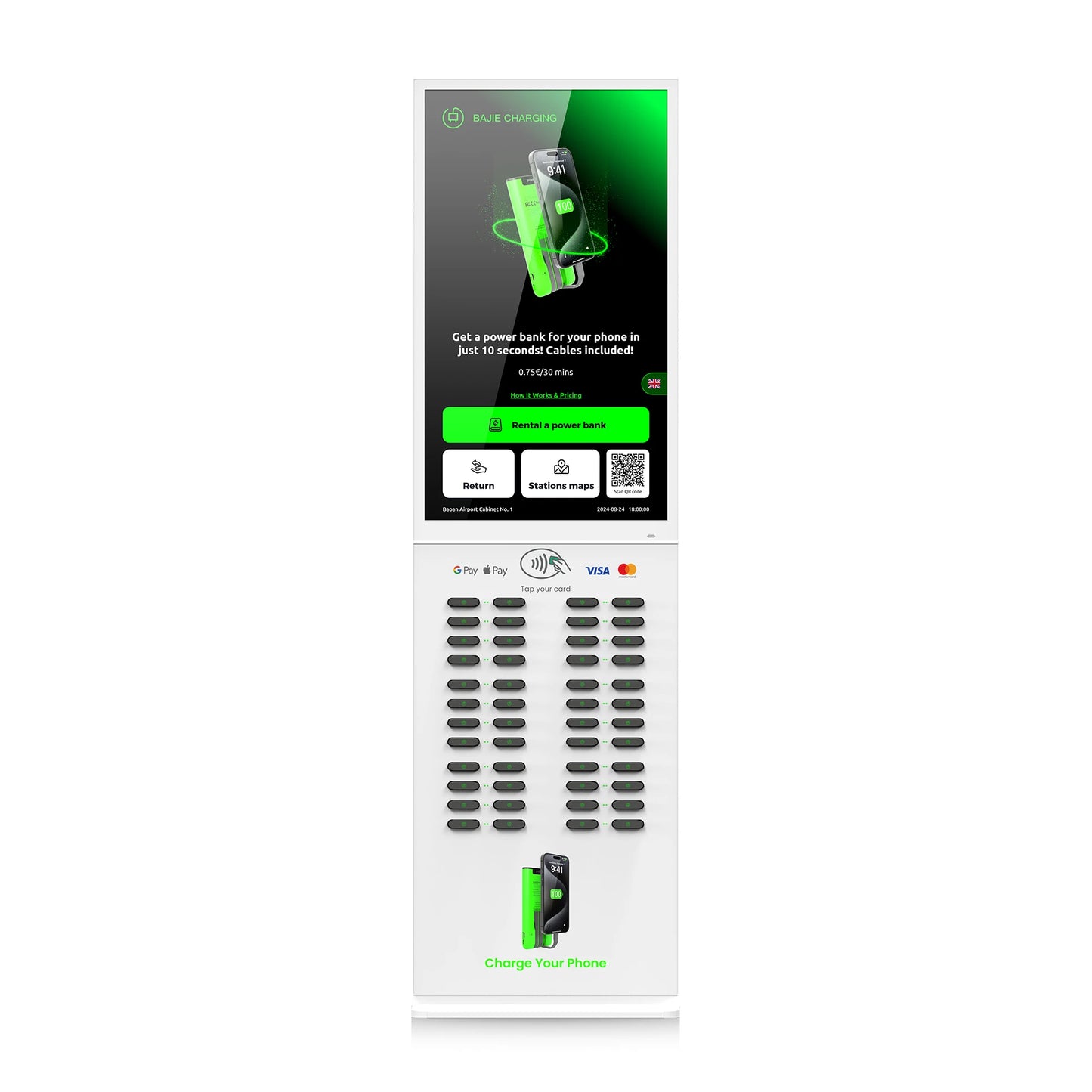 Commercial 48-Slot Mobile Phone Charging Station Vending Machine 43-Inch Touch Screen NFC Power Bank Rental for Public Spaces