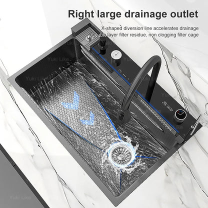Multifunctional Stainless Steel Kitchen Sink Digital Display Faucet Stain Scratch Resistant Large Single Slot Wash Dish Basin
