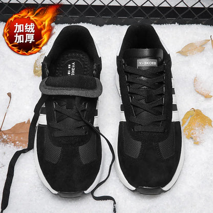 Y-3K0EB Men's Winter Warm Walking Shoes Black Leather Round Toe Lace-up Insulative Rubber Outsole Plush Lining
