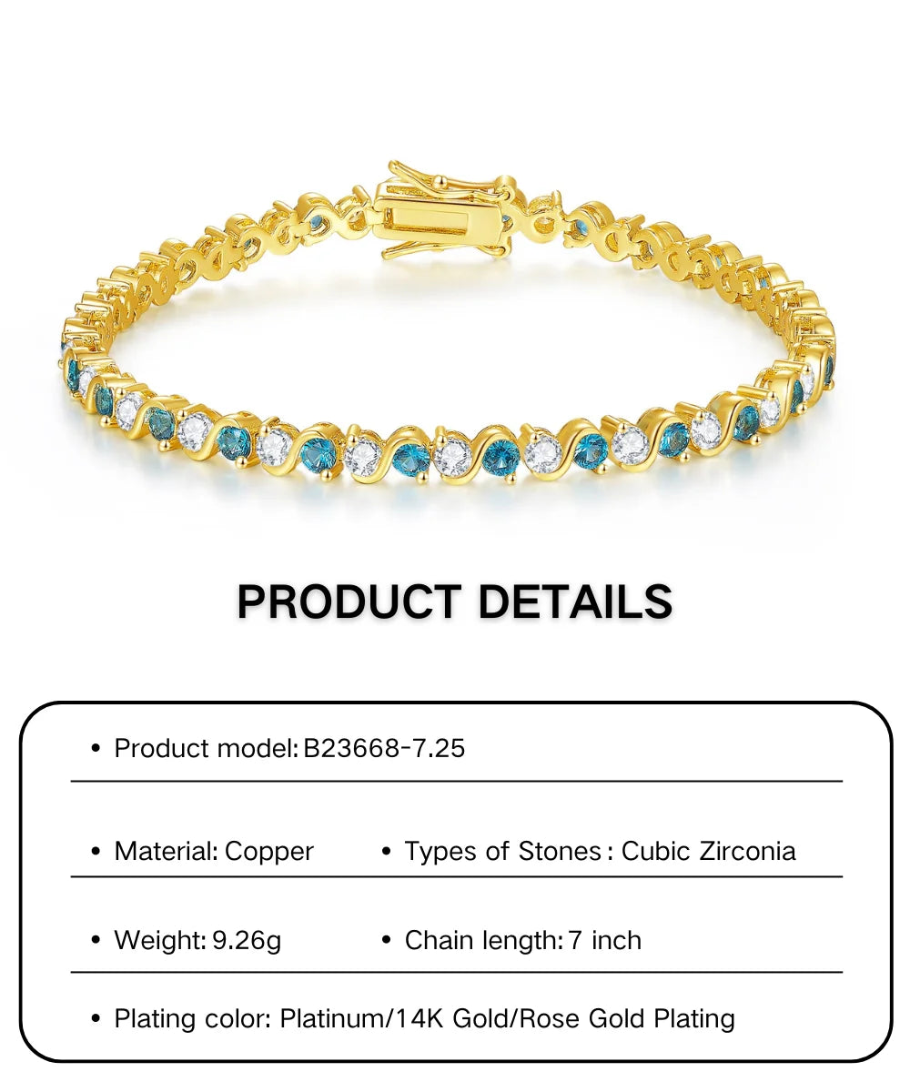 High Quality Gold Plated Chain Bracelet Women's Fashion Link Bracelet 14K Gold CZ Zirconia Color Zircon Women Tennis Bracelet