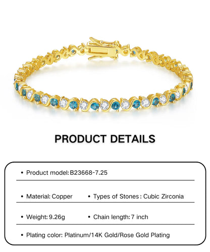 High Quality Gold Plated Chain Bracelet Women's Fashion Link Bracelet 14K Gold CZ Zirconia Color Zircon Women Tennis Bracelet