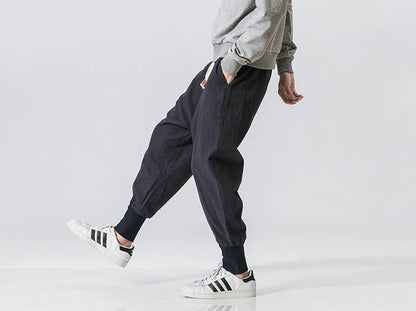 Cotton Linen Harem Pants Men Solid Elastic Waist Streetwear Joggers New Baggy Drop-crotch Pants Casual Trousers Men