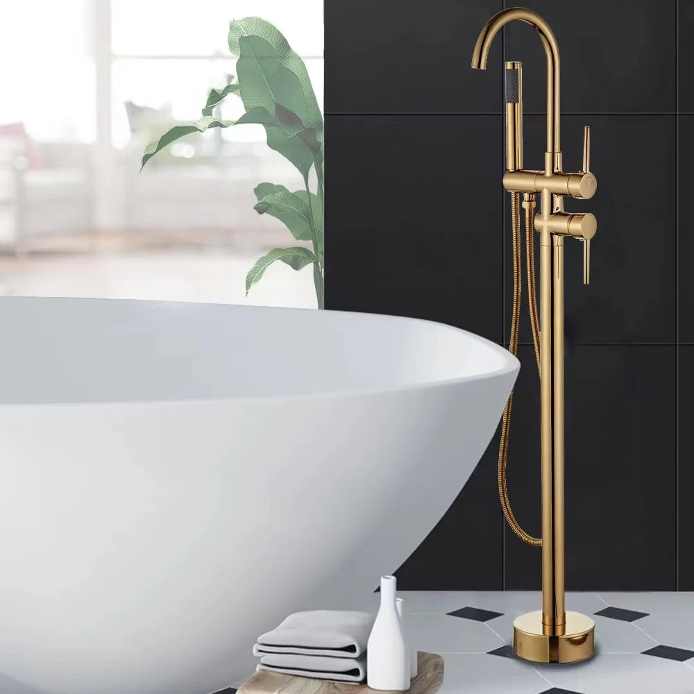 Luxury Hotel Project Gold Chrome Freestanding Bathtub Faucet Set Modern Rain Brass Mixer Shower Bath Taps With Hand Shower