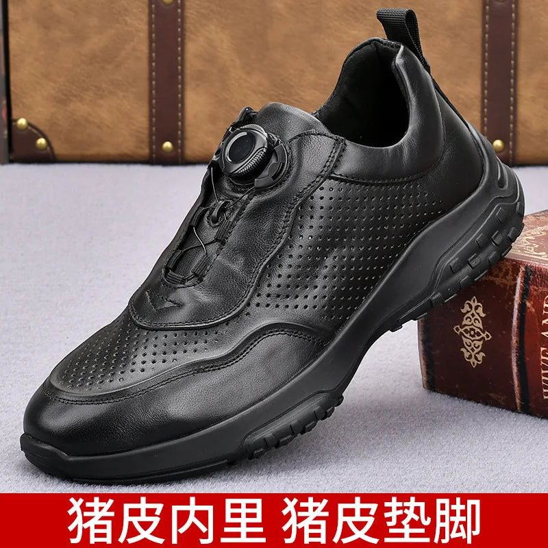 Men's Genuine Leather Sport Shoes Round Toe Breathable EVA Midsole Rubber Outsole Summer Casual Walking Shoes