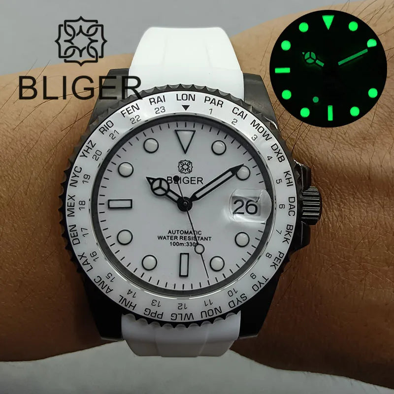 BLIGER 40mm NH35A Automatic Watch for Men White Ceramic Bezel Black  Case Green Luminous Date Magnified Rubber Strap