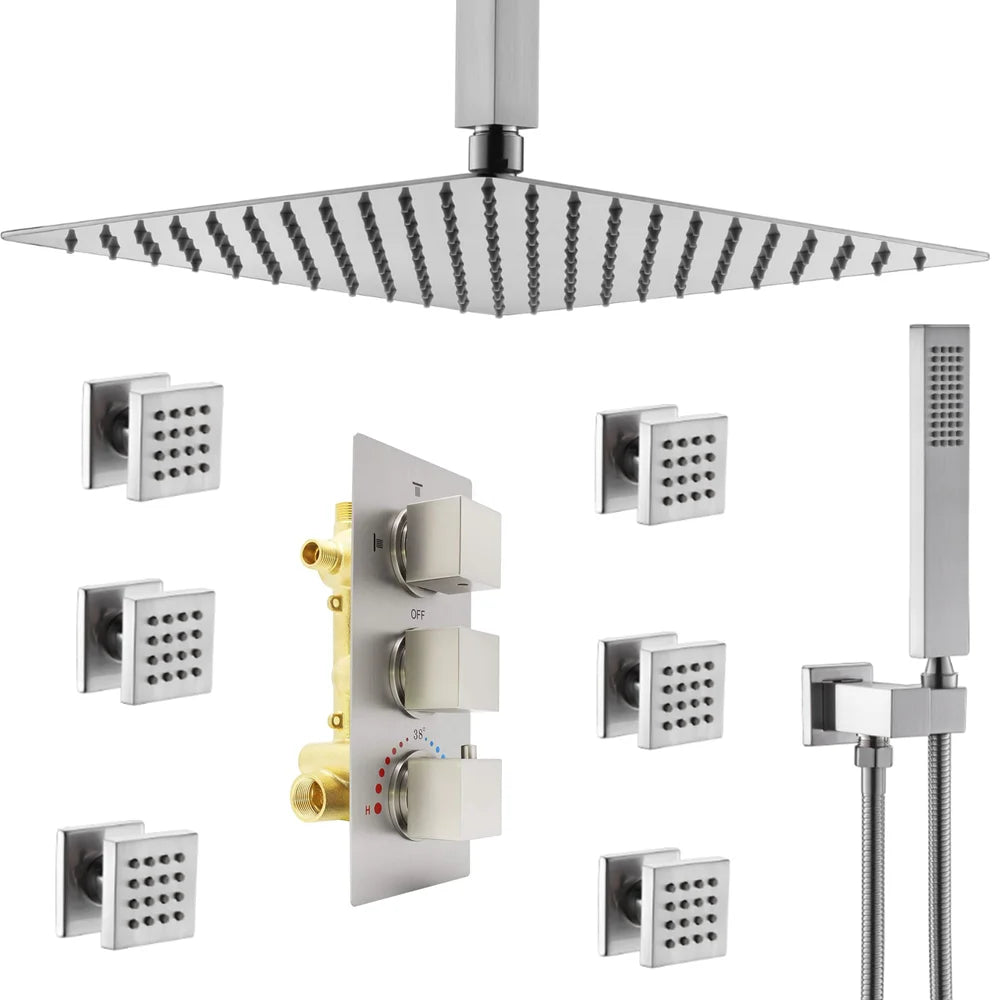 16-Inch Polished Brass Wall Mount Thermostatic Faucet Set with Slide Bar Soft Jet Rain Shower System