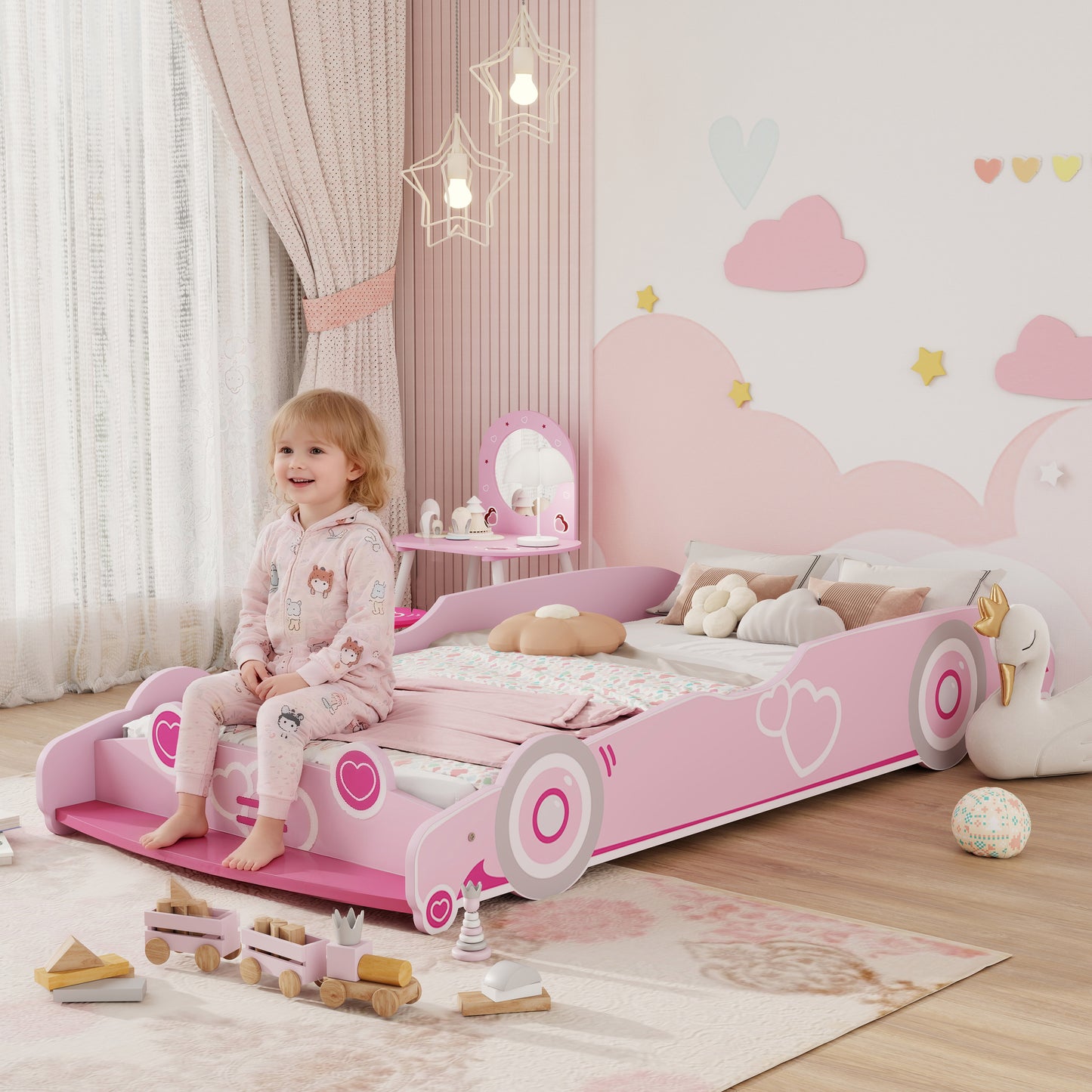 Aiyaplay Children's Bed 70X140 cm with Anti-Fall Barrier and Pink Car-Shaped Headboard Base