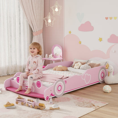 Aiyaplay Children's Bed 70X140 cm with Anti-Fall Barrier and Pink Car-Shaped Headboard Base