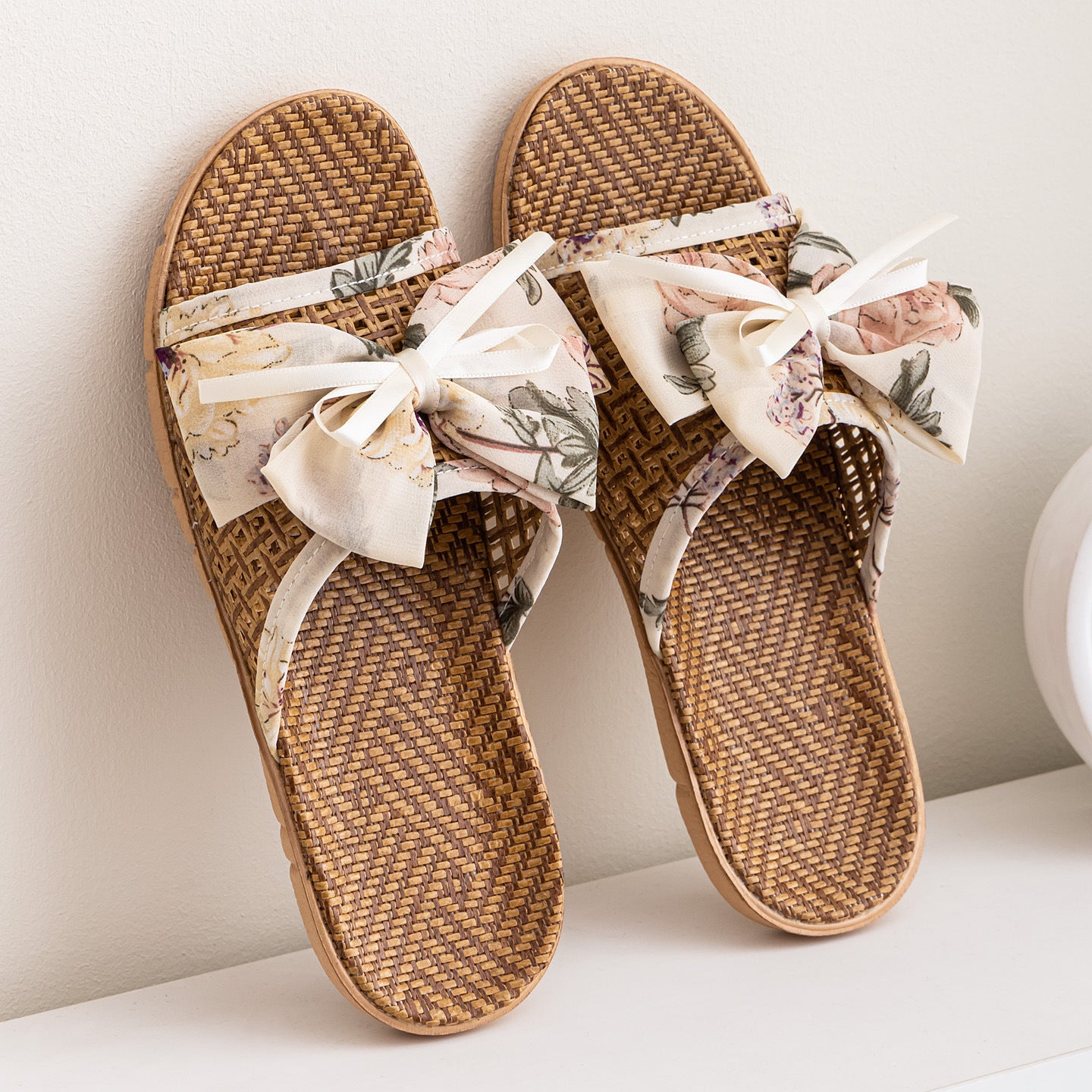 New Summer Rattan Mat Home Mat Slippers Bow Home Indoor Cool Bamboo Fish Mouth Toe Shoes Non-Slip