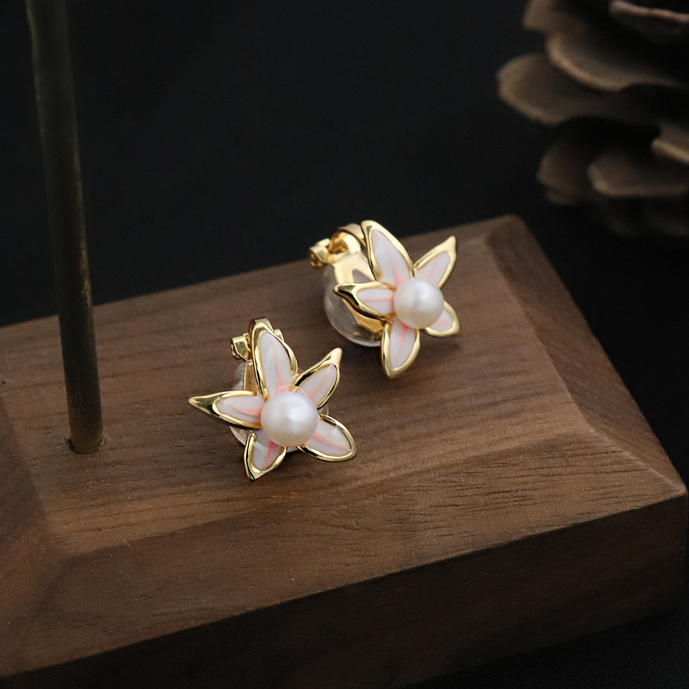 Original Handmade Natural Pearl Five-Petal Cherry Blossom Ear Clip Simple Niche High-End S925 Sterling Silver Earrings Ear Jewelry