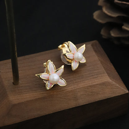 Original Handmade Natural Pearl Five-Petal Cherry Blossom Ear Clip Simple Niche High-End S925 Sterling Silver Earrings Ear Jewelry