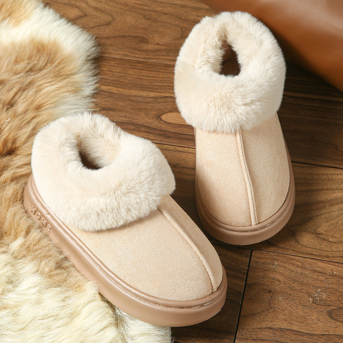 2025 Cross-Border New Pure Color Suede Splicing Home Slippers Thick-Soled Non-Slip Plush Warm Couple Cotton Shoes for Women