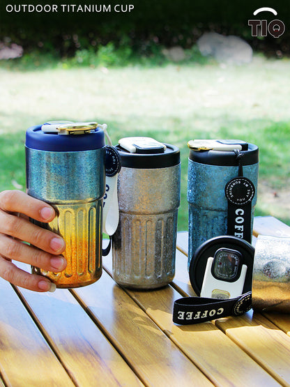 Pure Titanium Insulated Cup with Strap, Coffee Cup, Car-Mounted One-Handed Opening Lid, Antibacterial and Fresh-Keeping Titanium Cup, Fully Titanium Car-Mounted Portable