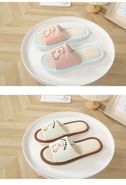 Bear Style Indoor Linen Slippers for Women Summer Home Non-Slip Women's Spring & Fall Seasons Fabric Floor Mops