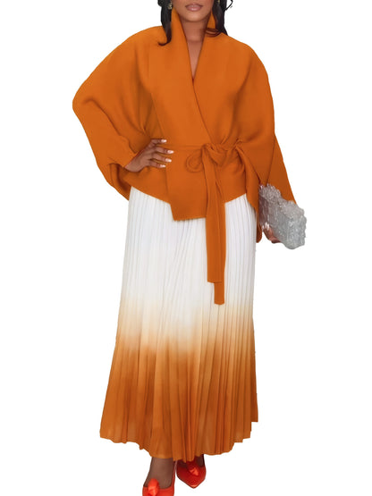 C8610 African plus size Women's Spring New Fashion Strap Bat Sleeve Top Gradient Color-changing Skirt Two-piece Set