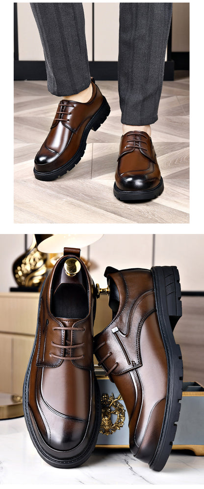 Men's Business Casual Leather Shoes with Large Toe, Thick Sole, Lace-Up, Hollow-Out Design, Fashionable British Style, Versatile Formal Men's Shoes, Breathable