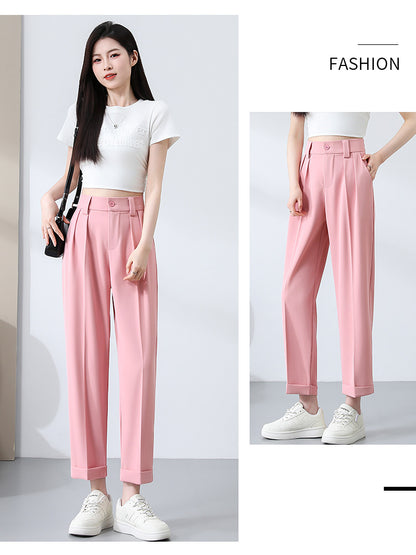 New Style Ice Silk Suit Pants for Petite Women, Cropped Straight-Leg Pants, Summer Thin Cigarette Pants, Free Shipping
