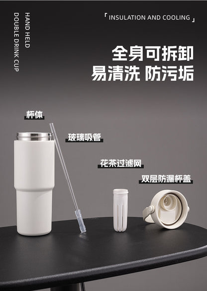 Cross-border high-value 316 stainless steel thermos cup large-capacity double-drink ceramic liner car cup portable handle cup