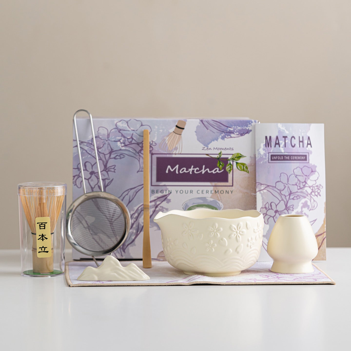 Directly Supplied from the Manufacturer, Exclusively for Cross-Border Trade, Ceramic Matcha Bowl Set with Embossed Cherry Blossom Design, 7-Piece Set with Spout, High Aesthetic Value, Color Box Packaging