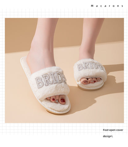 Beide Mrs Ido Pearl Letter Stuffed Slippers Wedding Party Bridal Fur Slippers Cross-Border Popular Cotton Slippers