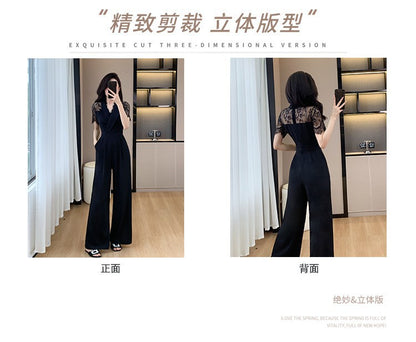 Cross-border High Leng Yujie Style Pants Women's Summer Short-sleeved High Waist Lace Stitching Hollow-out Pants Straight Pants
