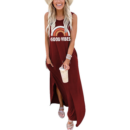 Spot Amazon Independent Station Ebay Women's Dress Good Vibes Rainbow Flap Pocket Pants Casual Sleeveless Long Skirt
