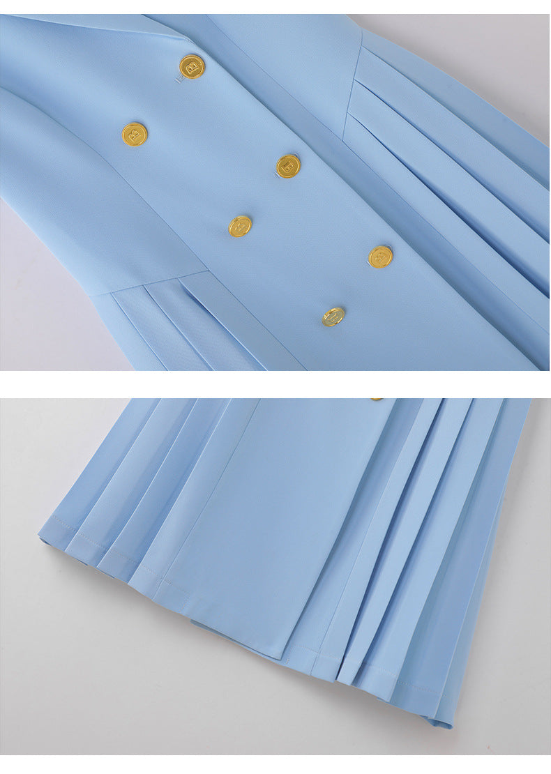 Spring and summer blue short-sleeved dress women's 2025 high-grade double-breasted professional suit collar mid-length skirt