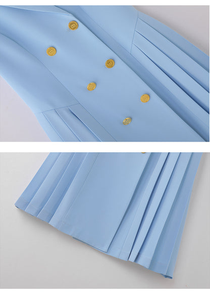 Spring and summer blue short-sleeved dress women's 2025 high-grade double-breasted professional suit collar mid-length skirt