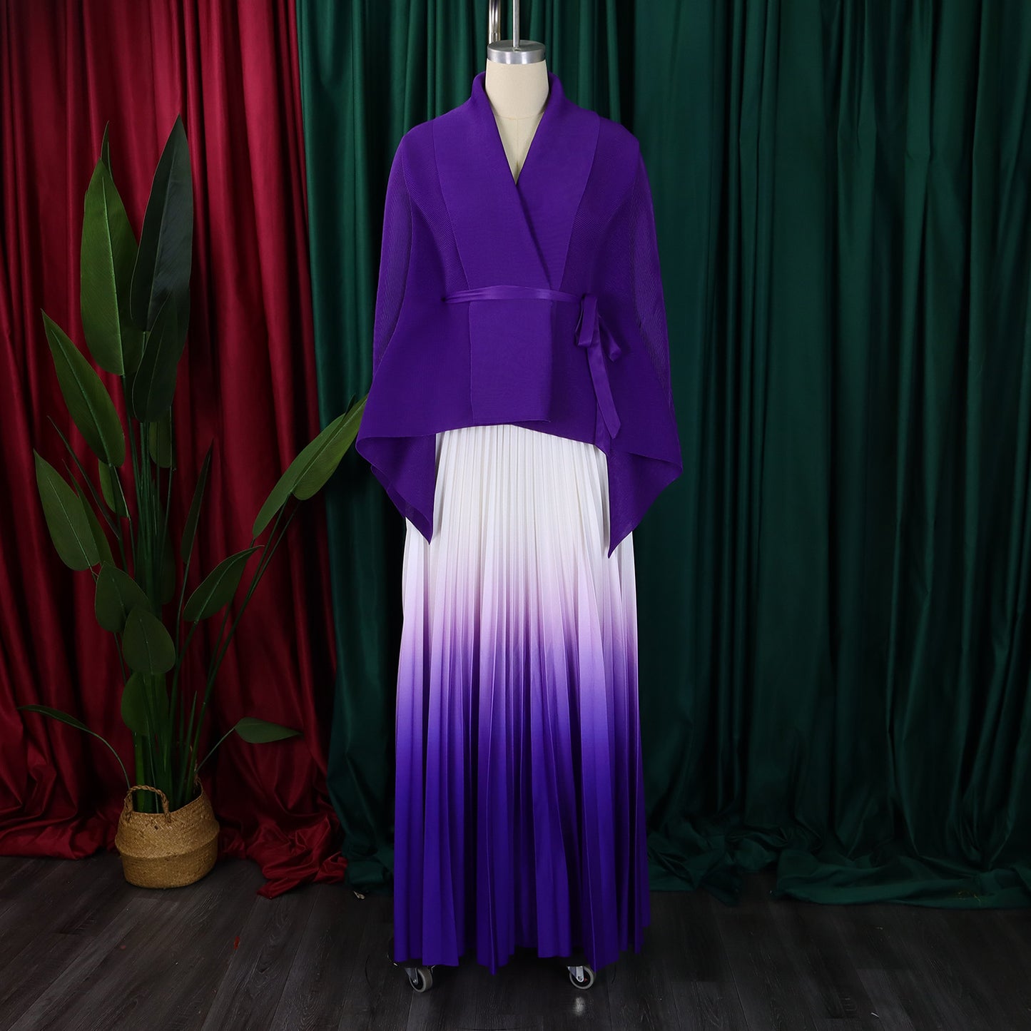C8610 African plus size Women's Spring New Fashion Strap Bat Sleeve Top Gradient Color-changing Skirt Two-piece Set
