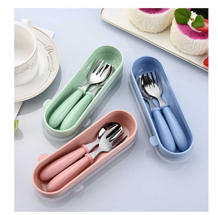 Children's 304 stainless steel fork spoon suit baby complementary food training eating spoon portable feeding tableware spoon