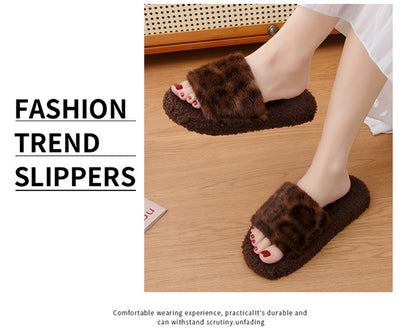 2025 Autumn and Winter Furry Slippers, Leopard Print, Retro Fashion, Home Lazy Soft Sole, Comfortable Home Slippers