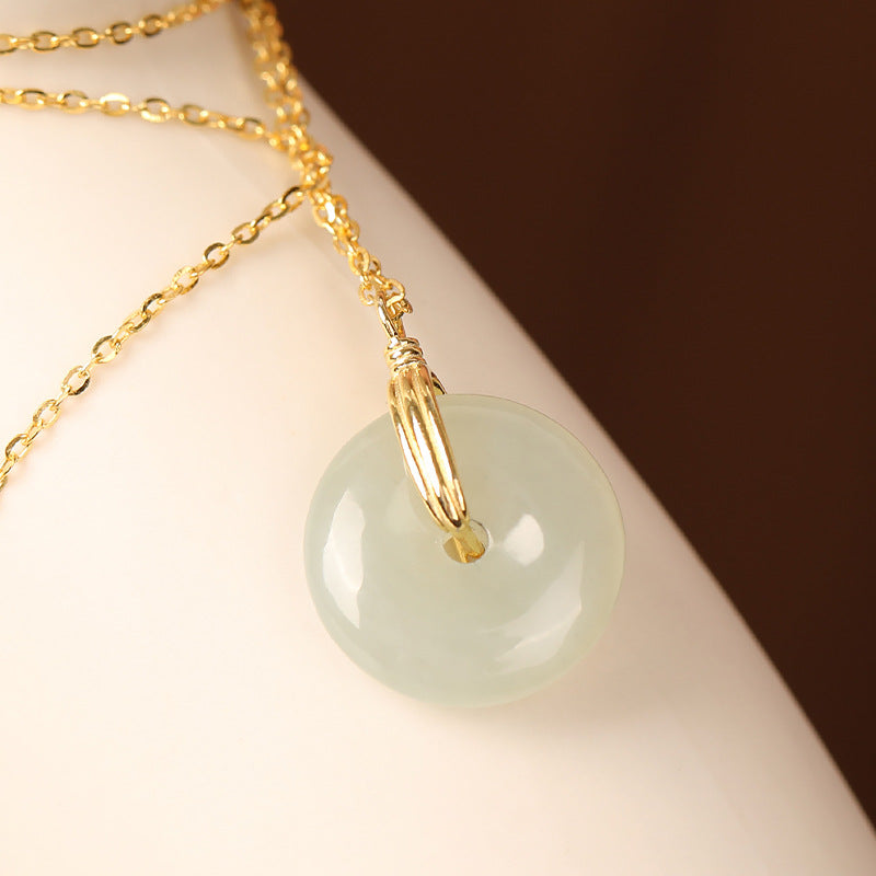 S925 Sterling Silver Clavicle Necklace Women's New Chinoiserie Natural Hetian Jade Safety Buckle Pendant Retro Accessible Luxury Simple Accessories