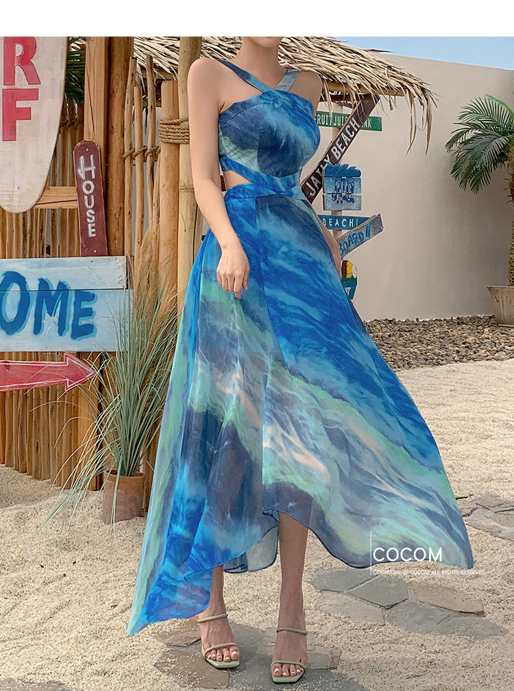 Foreign Trade Women's 2025 Summer New Temperament Sling Long Dress Fashion Waist Chiffon Printed Large Swing Dress dress