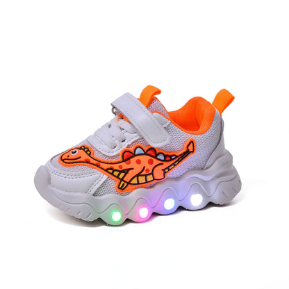 Spring New Style Dinosaur Led Light Sneakers for Boys and Girls Spring & Fall New Mesh Breathable Casual Light Shoes for Children and Middle-Aged Children