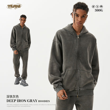 TILANI men's sweater cardigan fleece-lined thickened zipper coat 360g washed vintage waxed casual hoodie