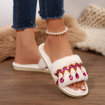 Thick-Soled Furry Slippers for Women in Autumn and Winter Indoor and Outdoor 2025 New Tassel Rhinestone Plush Slippers One-Line Cotton Slippers for Women