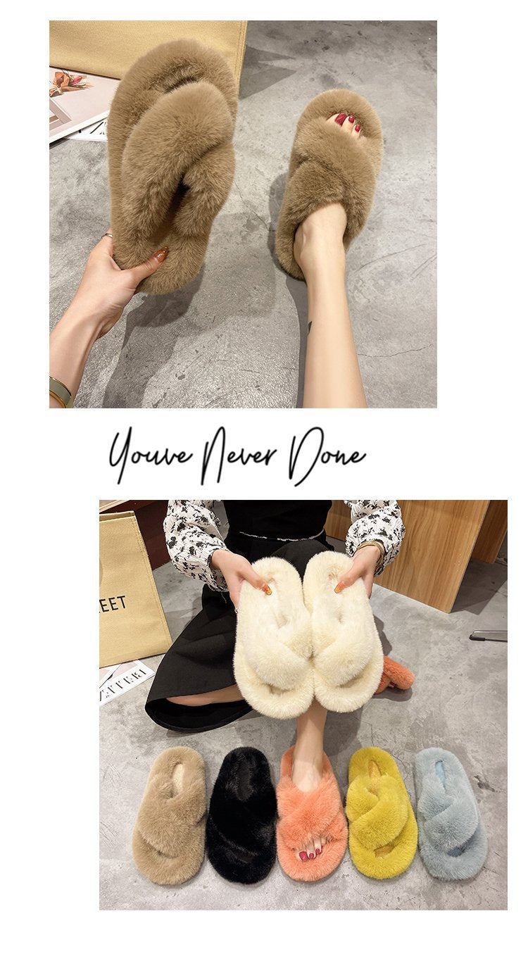 Foreign Trade Furry Slippers for Women 2025 Autumn and Winter New Korean Style Lazy Outer Wear Cross Thick-Soled Open-Toe Slippers for Outer Wear