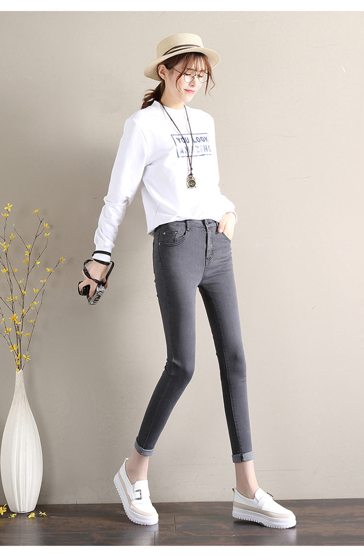 Dark Blue Jeans Women's 2023 New Summer High Waist Summer Thin Stretch Slim-Fit Small Feet Nine-point Tight