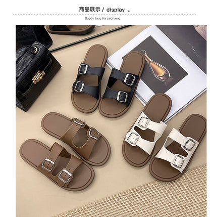Cross-Border Slippers for Women Summer Flat-Soled Double-Strap Double-Buckle Slippers Southeast Asia New Foreign Trade Fashion Outer Wear Beach Sandals