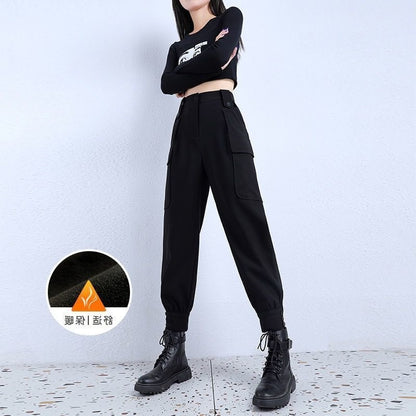 Women's Fleece-Lined Thickened Winter Korean-Style Cargo Pants, Jogger Loose Slimming Ins Harem Casual Pants for Students