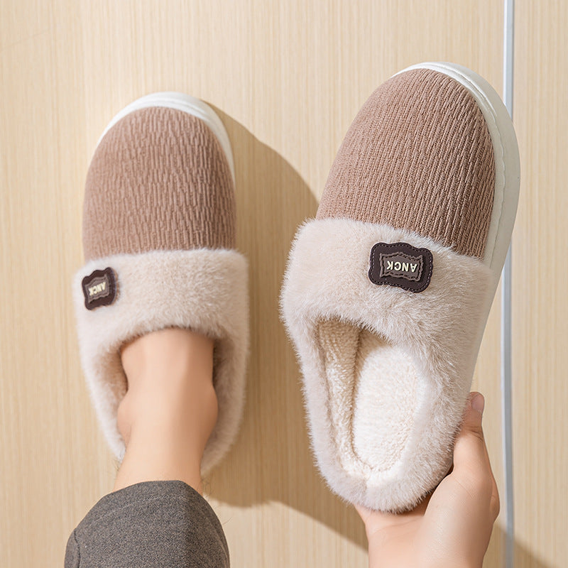 Cotton Slippers for Women, Fashionable Winter Indoor Home Non-Slip Plush Warm Couple Style Fleece-Lined Thick-Soled Cotton Slippers for Men