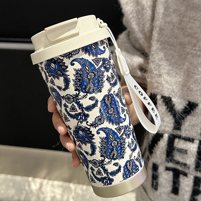 Factory Blue and White Porcelain Stainless Steel Overlord Tea Queen Flower Language Series Coffee Cup Portable Double Drinking Cup with Good Appearance