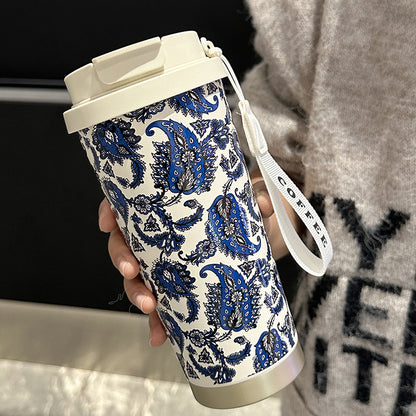 Factory Blue and White Porcelain Stainless Steel Overlord Tea Queen Flower Language Series Coffee Cup Portable Double Drinking Cup with Good Appearance