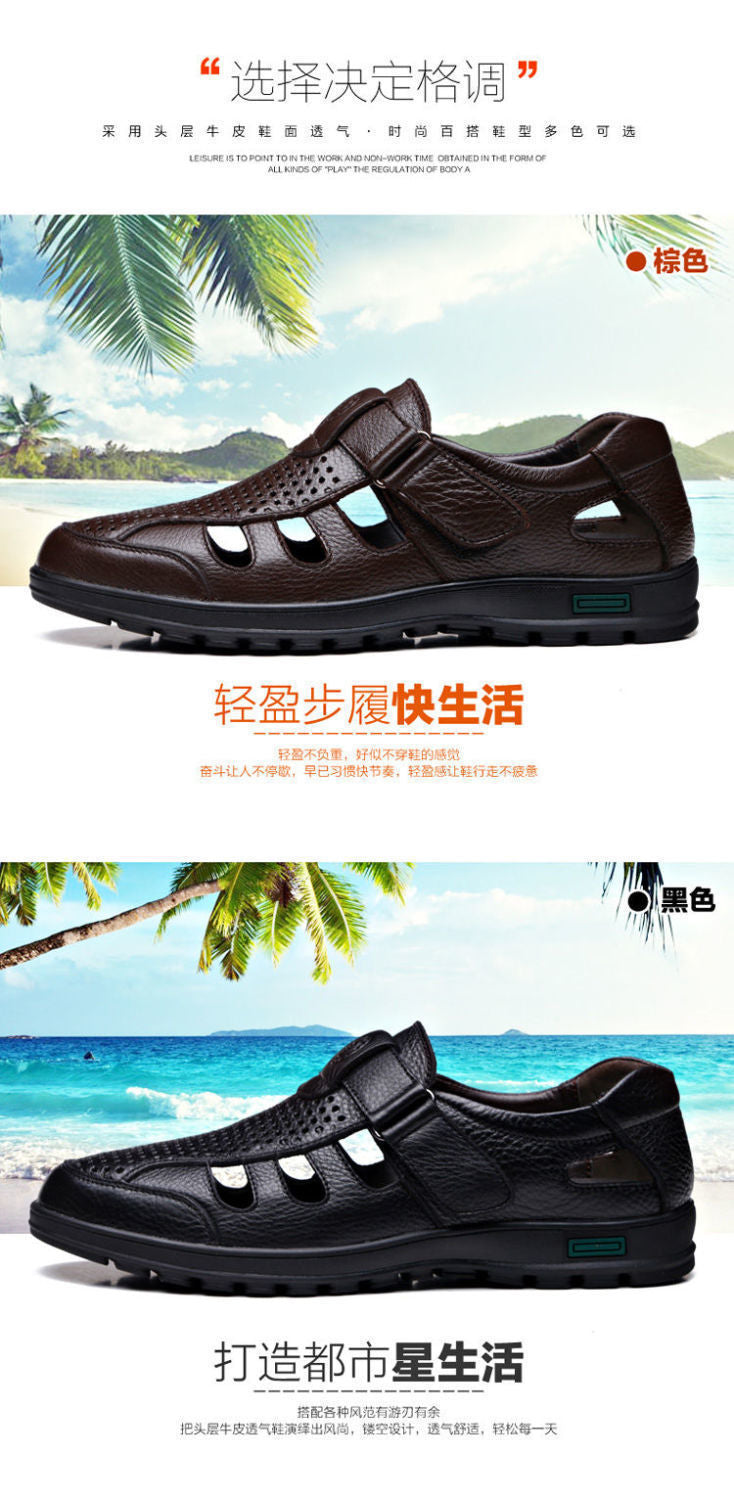 Leather cowhide special clearance shoes hollow leather sandals men's casual hole shoes middle-aged business dad shoes