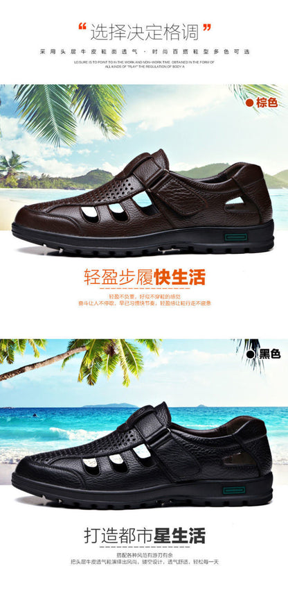 Leather cowhide special clearance shoes hollow leather sandals men's casual hole shoes middle-aged business dad shoes