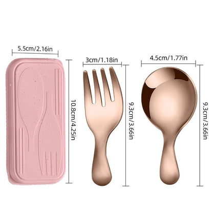 Stainless Steel Portable Spoon and Fork Set Children's Rice Spoon Dessert Spoon Fruit Fork Short Handle Fork Spoon Mini Tableware