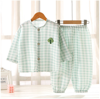 Boys and Girls Cloud Cotton Home Clothes Set Summer Cardigan Cartoon Kidsren's Pajamas Tops Pants Spring & Fall Two-Piece Set