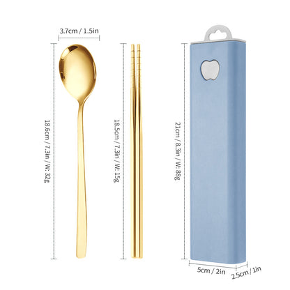 304 Stainless Steel Convenient Tableware Fork, Spoon and Chopsticks Three-Piece Set Outdoor Travel Student Storage Box Tableware Set
