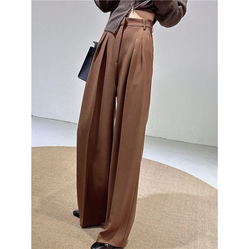 Spring and Autumn New Style Old Money Style Brown Coffee Color Suit Pants for Women, Wide-Leg Pants with Drape Effect, Slimming, Extended Length for Tall Individuals, Straight-Leg Pants