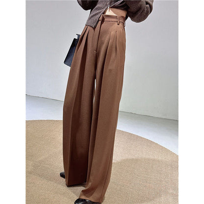 Spring and Autumn New Style Old Money Style Brown Coffee Color Suit Pants for Women, Wide-Leg Pants with Drape Effect, Slimming, Extended Length for Tall Individuals, Straight-Leg Pants